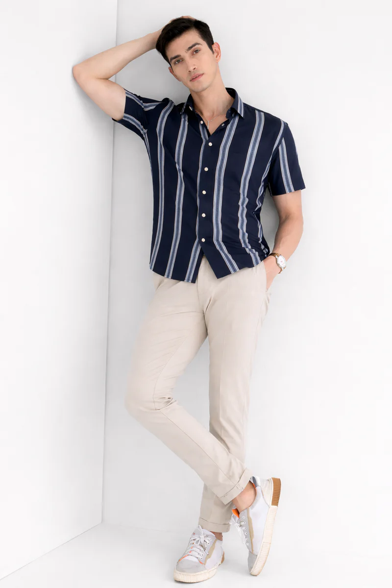 Blue Shirt with Strip Half Sleeve Shirt