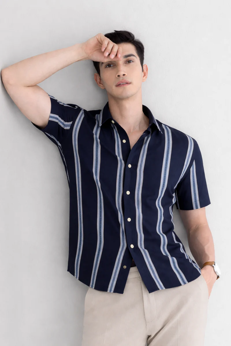 Blue Shirt with Strip Half Sleeve Shirt