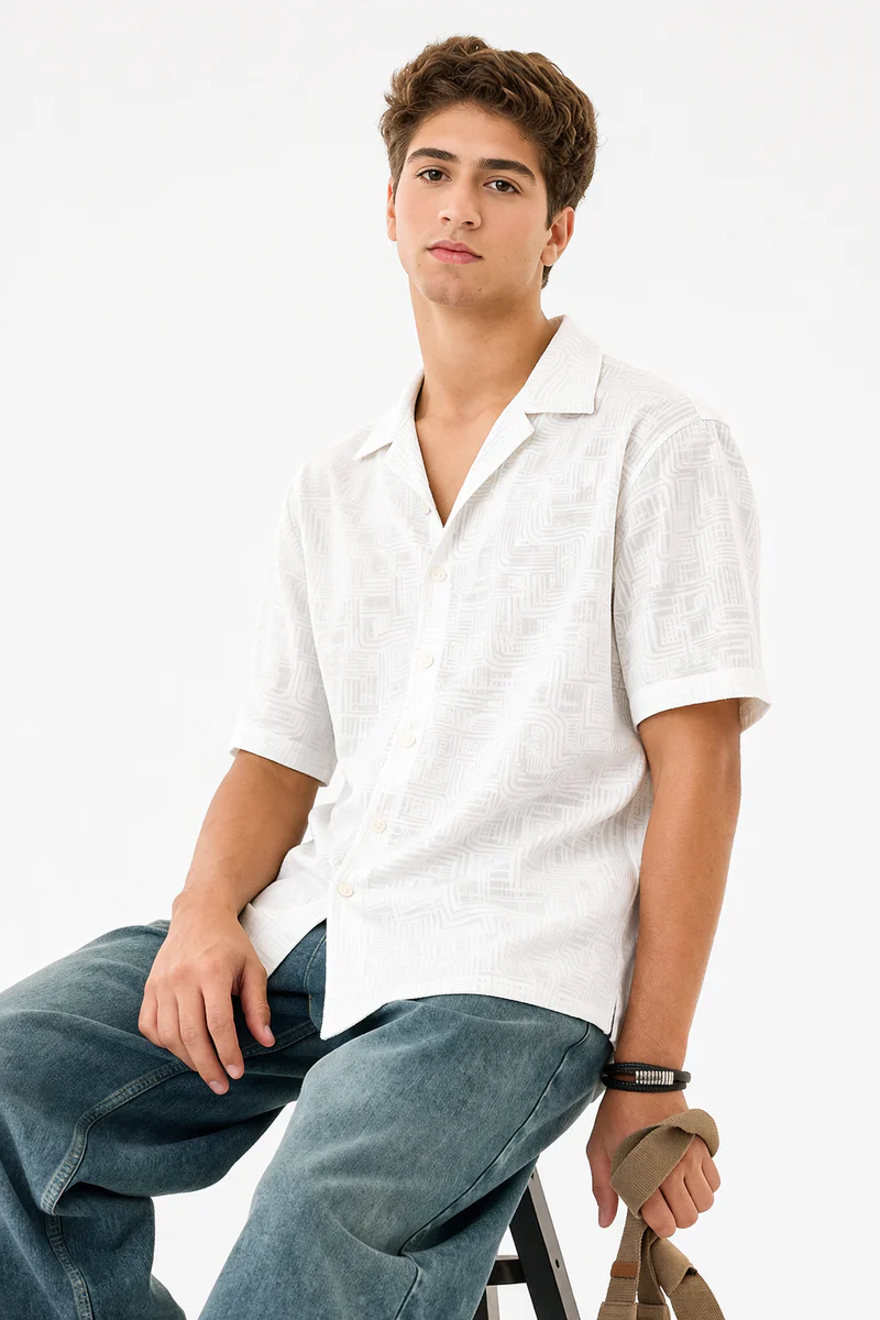 White Printed Shirt With Grey Design Half Sleeve Shirt
