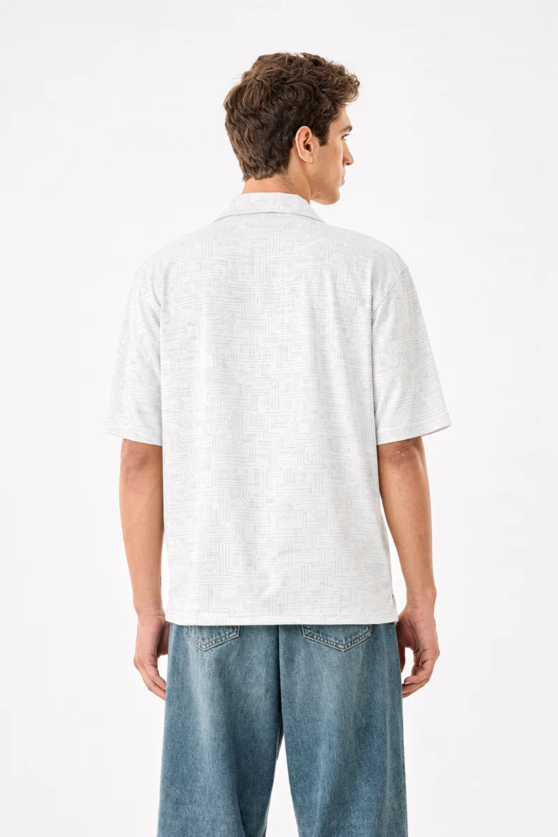 White Printed Shirt With Grey Design Half Sleeve Shirt