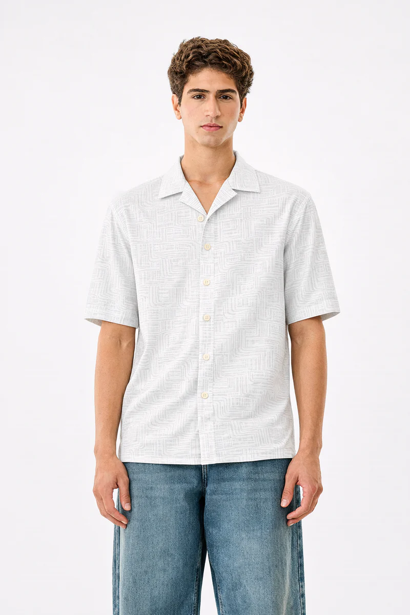 White Printed Shirt With Grey Design Half Sleeve Shirt