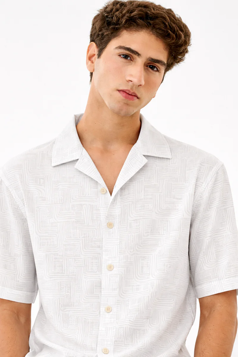 White Printed Shirt With Grey Design Half Sleeve Shirt