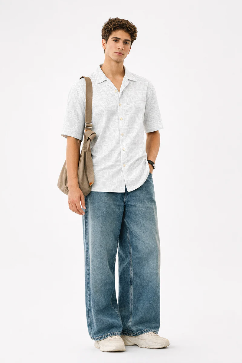 White Printed Shirt With Grey Design Half Sleeve Shirt